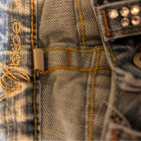 “BEBE” LIGHT BLUE JEANS/SIZE 26US TALL/RHINESTONE LOGO BACK AND FRONT/DISTRESSED - Picture 2 of 13